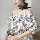 Leaf Print Off-shoulder Short-sleeve A-line Dress