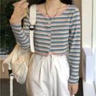 Round-neck Striped Cropped Cardigan As Shown In Figure - One Size