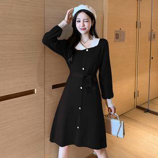 Collared Tie-waist A-line Knit Dress