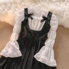 Puff-sleeve Bow Accent Blouse / Plain Strap Dress