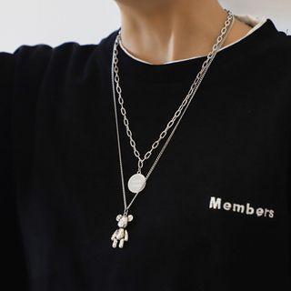 Couple Matching Bear Pendant Layered Chain Necklace Silver - One Size