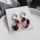 Shell Disc Fringed Earring 1 Pair - S925 Silver Stud Earrings - Gold & Brown - One Size