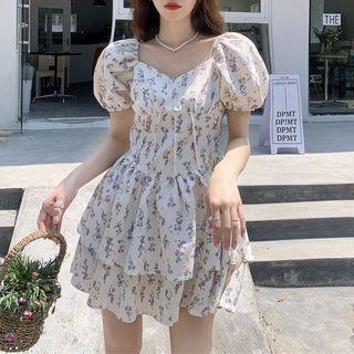 Puff-sleeve Floral Mini Corset Dress Purple Floral - White - One Size