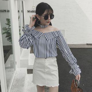 Off-shoulder Pinstripe Long-sleeve Blouse