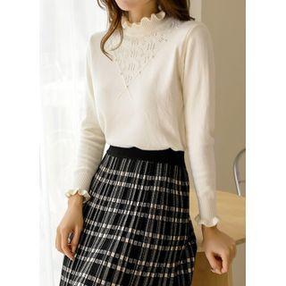 Mock-neck Frilled Pointelle-knit Top
