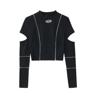 Long-sleeve Contrast Trim Cutout T-shirt Black - One Size