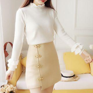 Flared-cuff Knit Top / Frog Buttoned A-line Skirt / Set