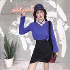 Plain Long-sleeve Knit Top / Elastic-waist Pencil Skirt