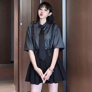 Elbow-sleeve Shirt / Tie / Mini Suspender Skirt / Set