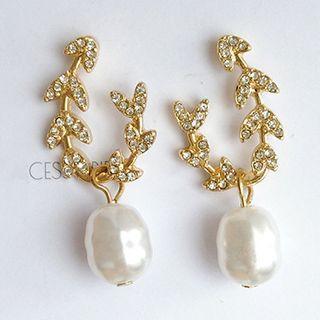 Rhinestone Branches Faux Pearl Dangle Earring S925 - Stud Earrings - 1 Pair - As Shown In Figure - One Size
