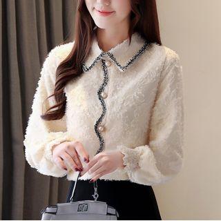 Tweed Trim Fringed Blouse