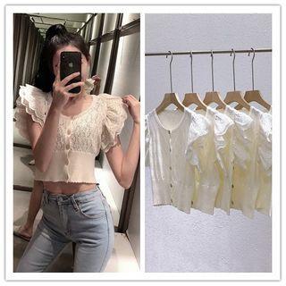 Eyelet Trim Short-sleeve Cropped Cardigan White - One Size