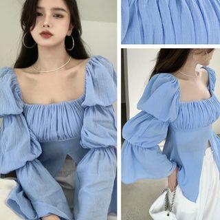 Lantern-sleeve Square-neck Blouse Blue - One Size