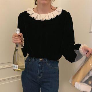 Bell-sleeve Two-tone Velvet Blouse Black - One Size
