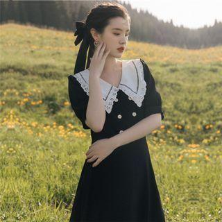 Short-sleeve Eyelet Lace Collared Midi A-line Dress