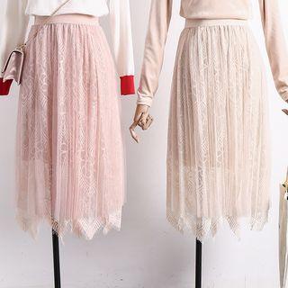 Mesh-overlay Lace A-line Skirt