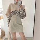 Long-sleeve Leopard Print Shirt / Knit Shawl / Fitted Mini Skirt