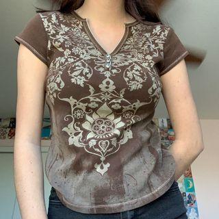 Printed V Neck Button-up Short Sleeve Top