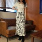 Short-sleeve Plain Top / Ink Print Skirt