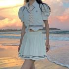 Puff-sleeve Shirt / Contrast Trim Cropped Sweater Vest / Mini Pleated Skirt / Tie / Set