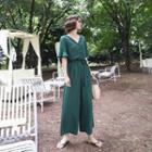 V-neck Bell-sleeve Jumpsuit With Sash