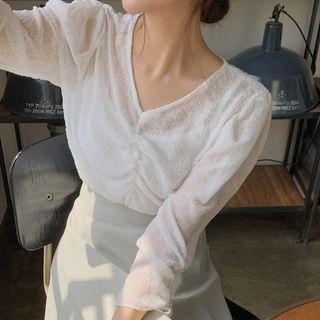 V-neck Shirred Blouse / Midi A-line Skirt