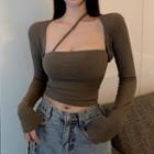 Mock Two-piece Long-sleeve Square Neck Cropped Top