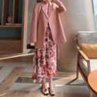 Boxy Blazer / Floral Print Midi Chiffon Skirt