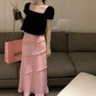 Puff-sleeve Square Neck T-shirt / Floral Midi Pencil Skirt