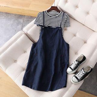 Set: Short-sleeve Stripe T-shirt + Spaghetti Strap Pinafore Dress