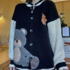 Long-sleeve Bear Applique Jacket Black - One Size