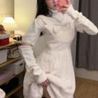 Bow Accent Fluffy A-line Overall Dress / Elbow-sleeve Turtleneck Top / Arm Sleeves / Set