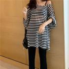 Slit-side Long-sleeve Stripe T-shirt