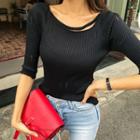 Strappy-neck Distressed Rib-knit Top