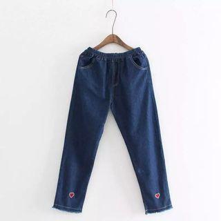 Fray-hem Embroidered Slim-fit Jeans