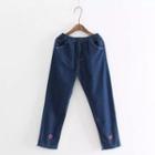 Fray-hem Embroidered Slim-fit Jeans