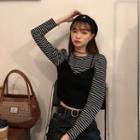 Mock Two-piece Long-sleeve Striped Cropped T-shirt