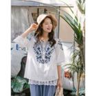 Tasseled Embroidered Blouse Ivory - One Size