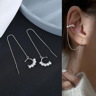 Faux Pearl Chained Alloy Cuff Earring 1 Pc - Silver - One Size