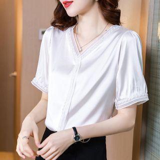 Short-sleeve Lace Trim Satin Top