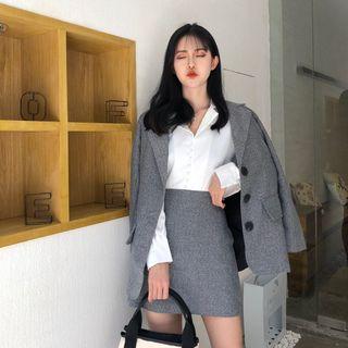 Set Of 2: Plain Blazer + Plain A-line Skirt
