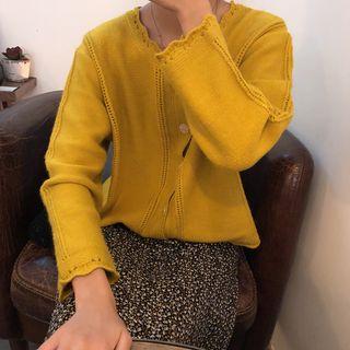 Long-sleeve Ruffle Trim Knit Cardigan / High-waist Floral Printed Skirt