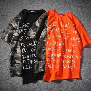 Elbow-sleeve Camo Panel Lettering T-shirt