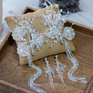 Set: Bead Bridal Hair Clip + Drop Earring White - One Size