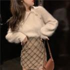 Lapel Furry Sweater / Argyle Woolen Skirt