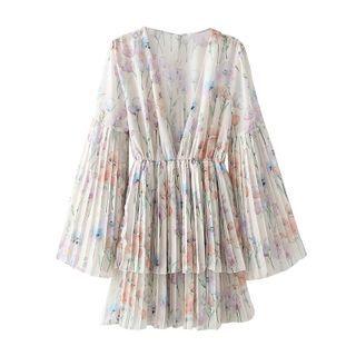Bell-sleeve Print Pleated Mini A-line Dress