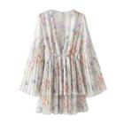 Bell-sleeve Print Pleated Mini A-line Dress