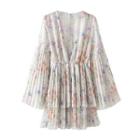 Bell-sleeve Print Pleated Mini A-line Dress