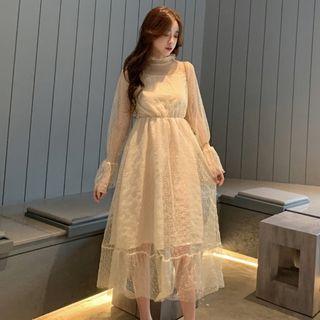 Puff-sleeve Polka Dot Mesh Panel Dress Almond - One Size