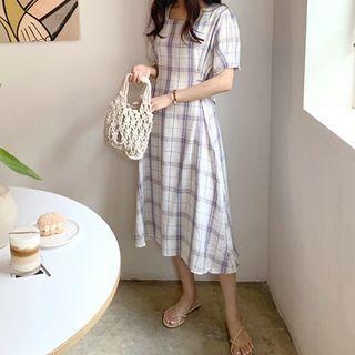 Square-neck Tie-waist Plaid Dress Ivory - One Size